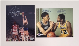 Lot of 2 Magic Johnson/George Gervin & Rick Barry Autographed 8x10 Photos