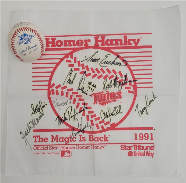 Jack Morris Autographed 1991 World Series Baseball & Homer Hanky w/ 10 Signatures Beckett LOA