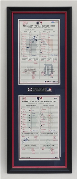 Lot of 2 Joe Mauer Autographed Game Used Dugout Lineup Cards From First 2 Career Grand Slams Framed MLB