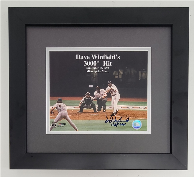 Dave Winfield Autographed & HOF Inscribed Framed 3000th Hit 8x10 Photo