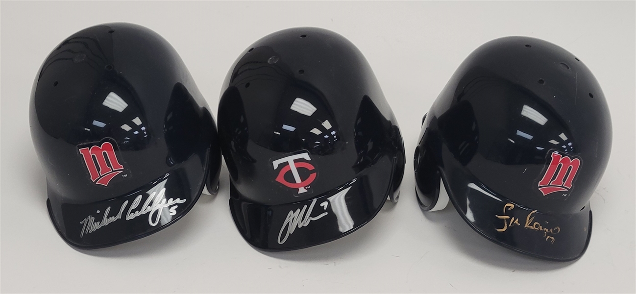 Lot of 3 Joe Mauer, Michael Cuddyer, & Francisco Liriano Autographed Minnesota Twins Mini Batting Helmets Beckett