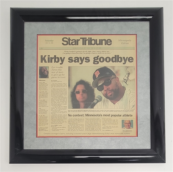 Kirby Puckett Autographed & Framed "Kirby Says Goodbye" Newspaper w/ Beckett LOA