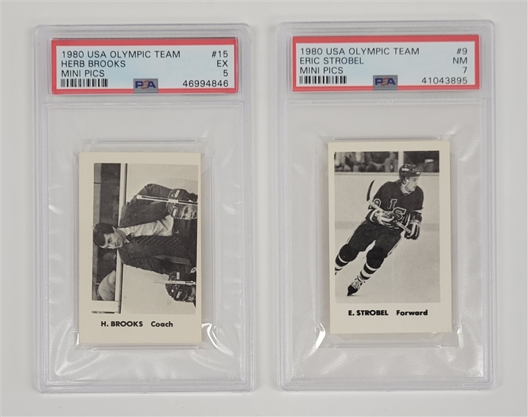 Lot of 2 Herb Brooks & Eric Strobel 1980 USA Olympic Team Mini Pics PSA Graded Cards