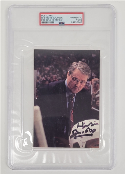 Herb Brooks Double Autographed Olympic Postcard w/ RARE "USA Gold 80" Inscription PSA