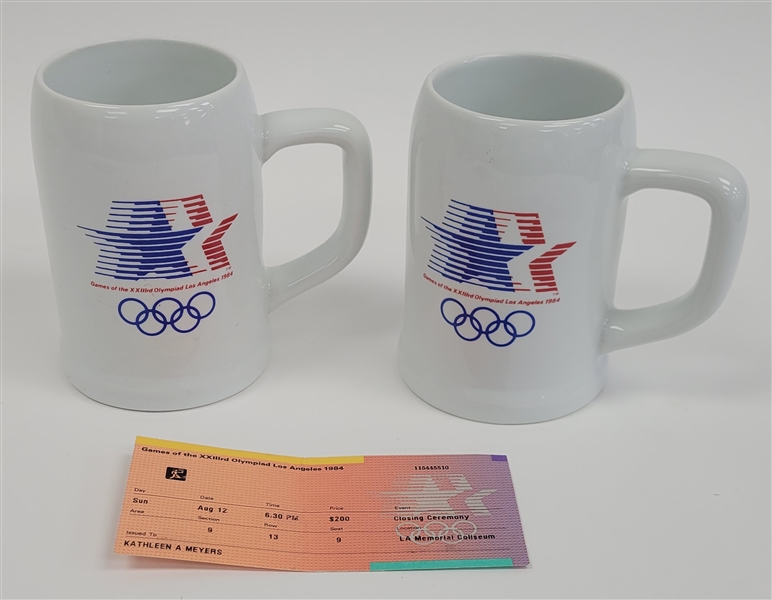 Lot of (2) 1984 Olympics Mugs & Closing Ceremony Ticket