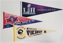 Lot of 3 Super Bowl & Minnesota Vikings Pennants