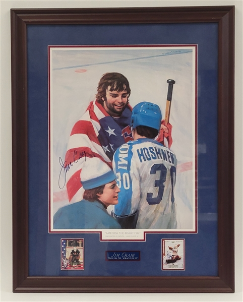 Jim Craig Autographed & Framed "America The Beautiful" Olympic Lithograph w/ 2 Signed Cards Beckett LOA