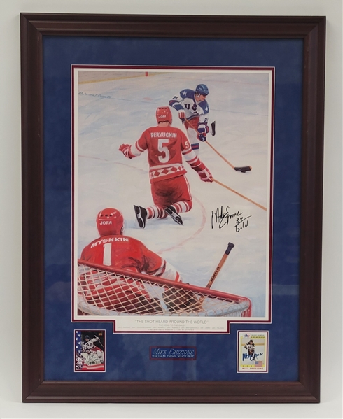 Mike Eruzione Autographed & Framed "The Shot Heard Around The World" Olympic Lithograph w/ 2 Signed Cards Beckett LOA