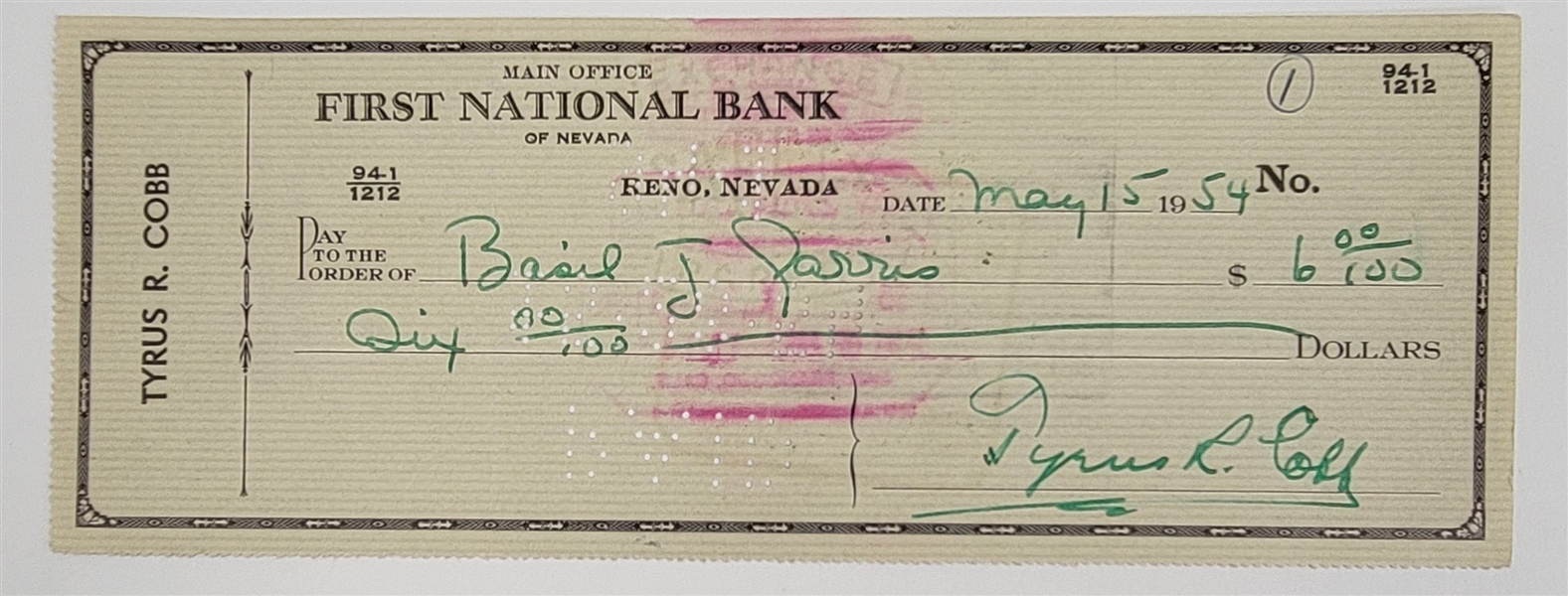 Ty Cobb Signed 1954 Check w/ Beckett LOA