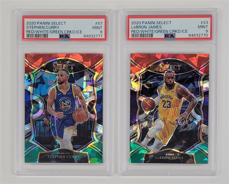 Lot of 2 LeBron James & Stephen Curry 2020 Panini Select Red/White/Green Cracked Ice Cards Graded PSA 9