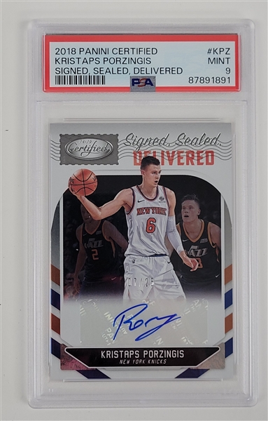 Kristaps Porzingis 2018 Panini Certified Signed, Sealed, Delivered #KPZ Card LE #7/25 PSA 9