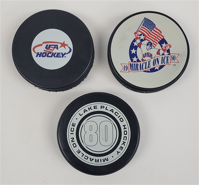 Lot of (3) 1980 US Olympic Hockey Pucks