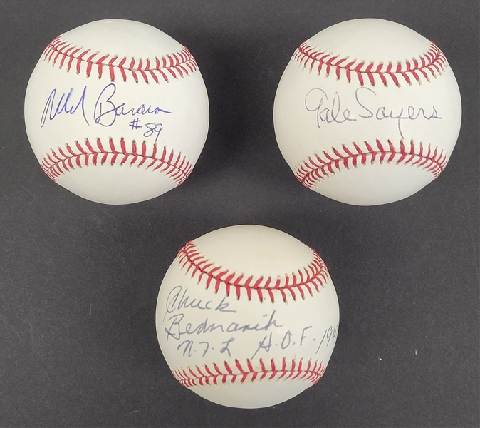 Lot of 3 Gale Sayers, Chuck Bednarik, & Mark Bavaro Autographed Baseballs Beckett