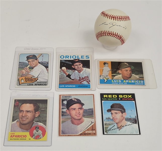 Luis Aparicio Autographed OAL Baseball w/ 6 Cards From 1960-71