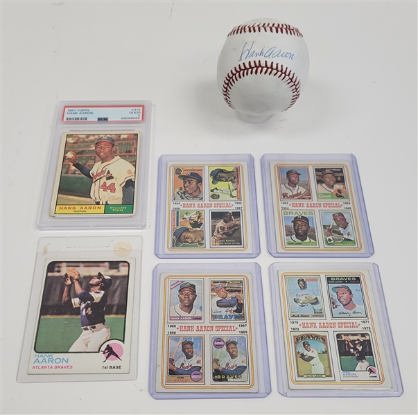 Hank Aaron Autographed Baseball w/ Beckett LOA + 6 Vintage Cards (One Graded)