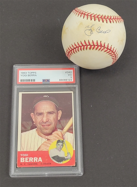 Yogi Berra Autographed OAL Baseball w/ 1963 Topps Card PSA 3