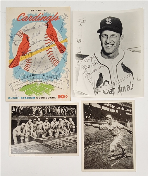 Vintage St. Louis Cardinals Lot w/ Scorecard & Photos Including 2 Stan Musial Autographs