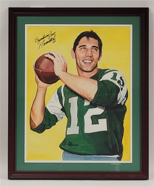 "Broadway" Joe Namath Autographed Original 22x28 James Fiorentino Watercolor Painting Framed 29x36