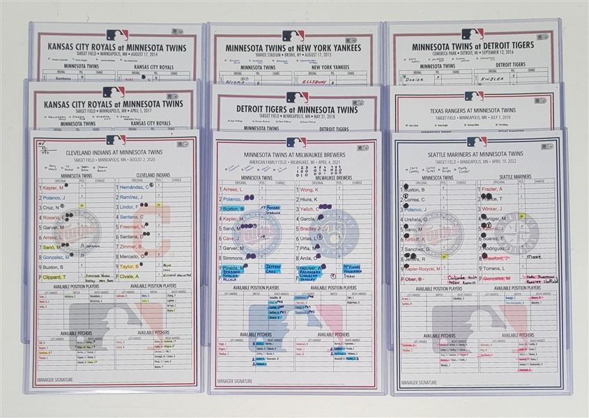 Lot of (9) 2014-22 Minnesota Twins Game Used Dugout Lineup Cards MLB