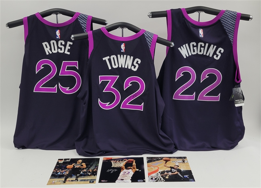 Lot of 3 Karl-Anthony Towns, Derrick Rose, & Andrew Wiggins Autographed Minnesota Timberwolves 2018-19 Prince "Purple Rain" Jerseys Beckett