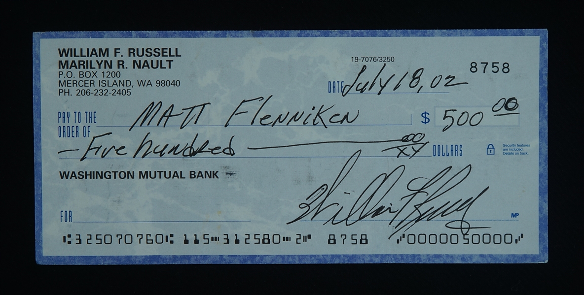 Bill Russell Signed Check w/ Russell LOA