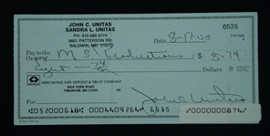 Johnny Unitas Signed Check w/ Unitas Family LOA