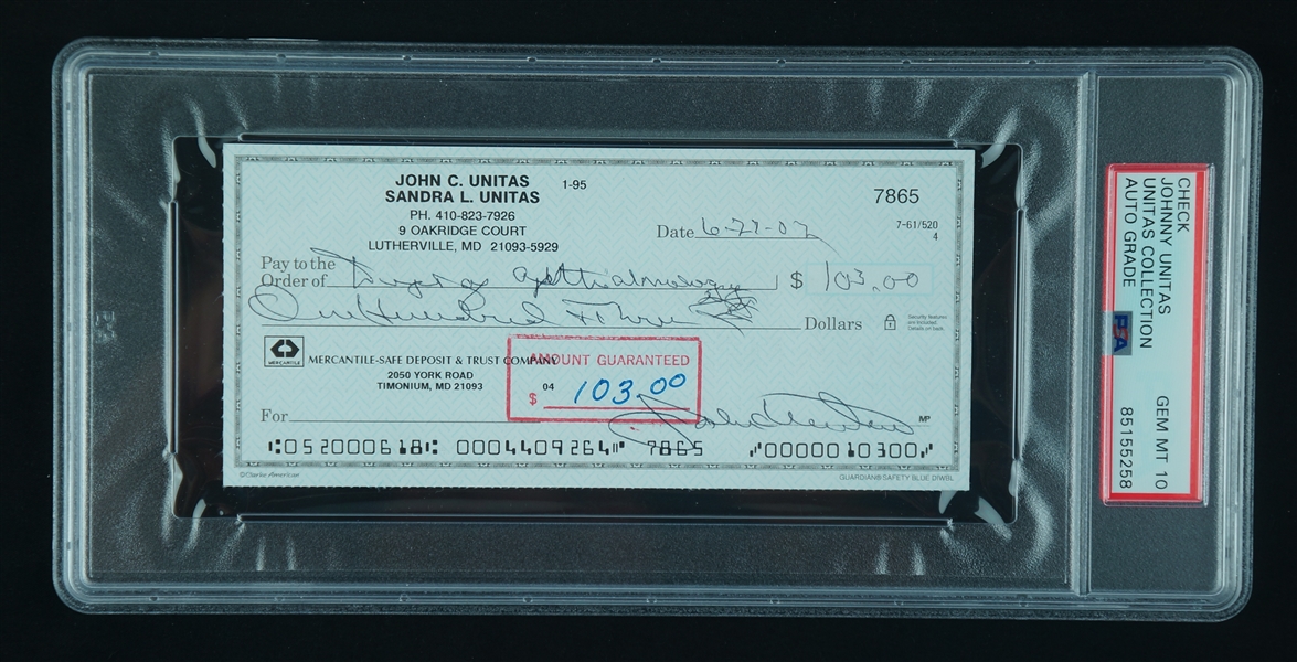 Johnny Unitas Signed Check PSA 10 w/ Unitas Family LOA