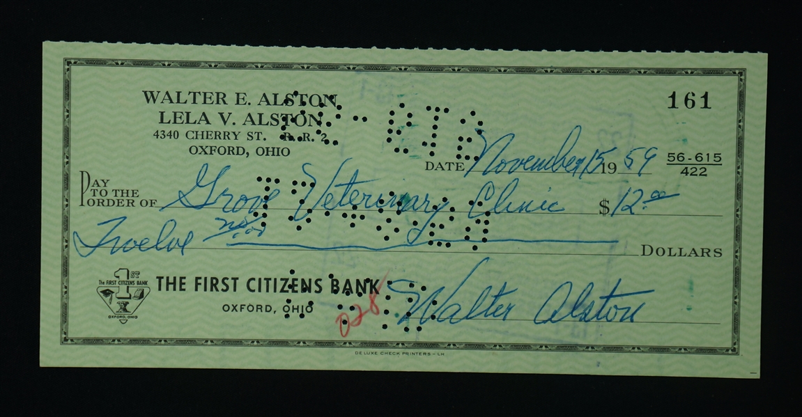 Walt Alston 1959 Signed Check w/Family LOA