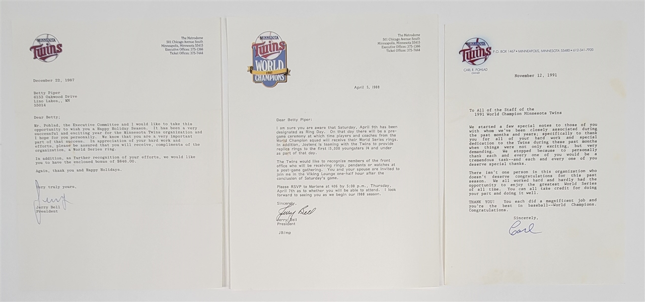 Lot of 3 Carl Pohlad & Jerry Bell Signed Minnesota Twins Letters