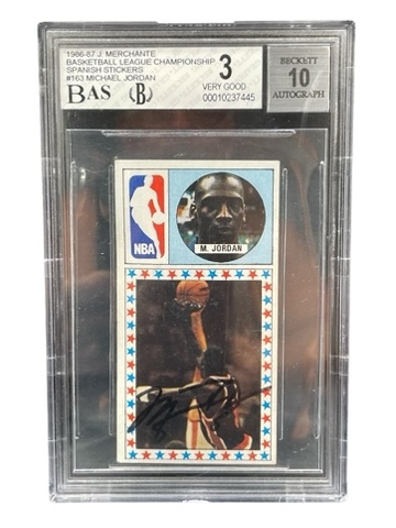 Michael Jordan RARE Autographed 1986-87 J. Merchante Basketball League Championship Spanish Stickers #123 Rookie Card UDA BGS 3 w/10 Auto