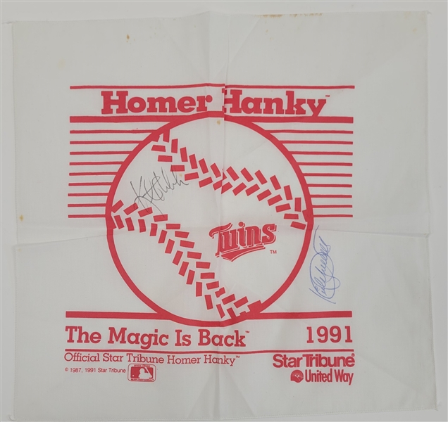 Kirby Puckett & Kent Hrbek Dual Autographed Minnesota Twins 1991 Homer Hanky w/ Beckett LOA