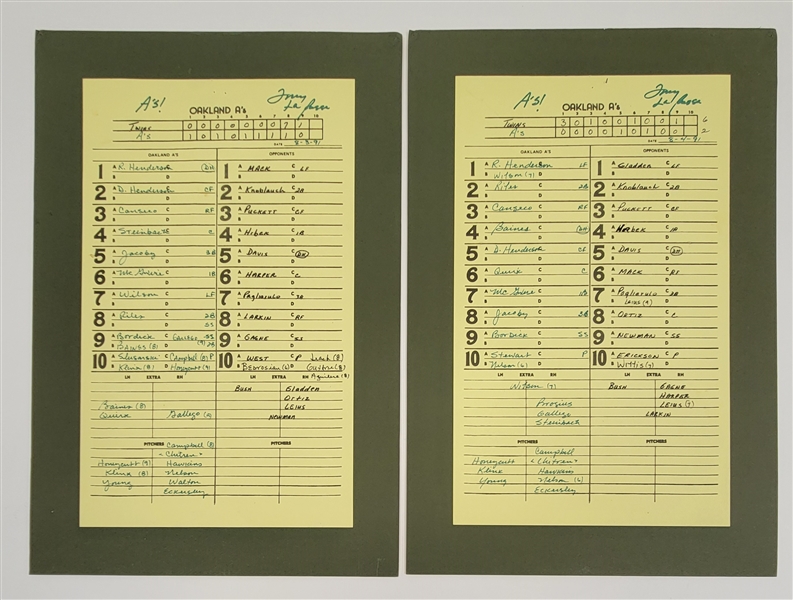 Lot of (2) 1991 Minnesota Twins vs. Oakland Athletics Lineup Cards Signed by Tony La Russa