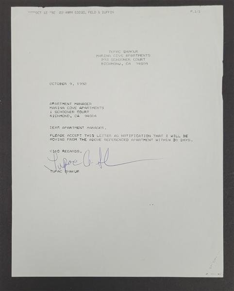 Tupac Shakur Signed Letter w/ JSA LOA & Provenance Letter