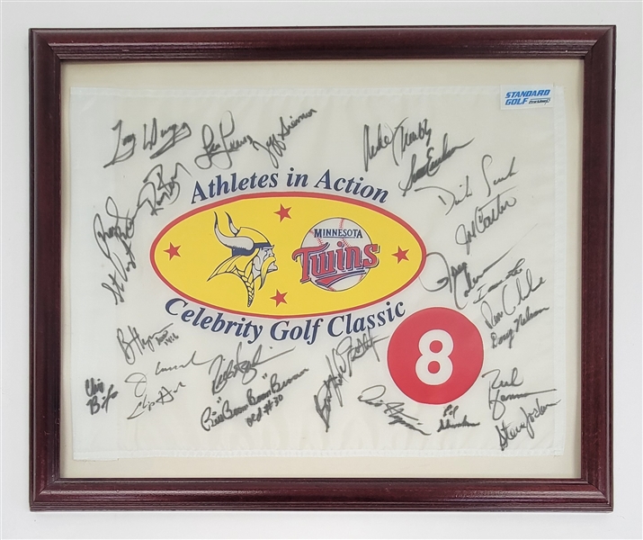 Minnesota Vikings & Twins "Athletes In Action" Celebrity Golf Classic Autographed & Framed Golf Flag