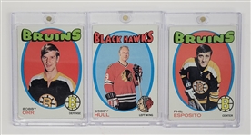 Lot of 3 Bobby Orr, Bobby Hull, & Phil Esposito 1971-72 Topps Cards