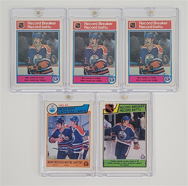 Lot of 5 Wayne Gretzky 1982-83 Record Breaker & Highlights O-Pee-Chee Cards