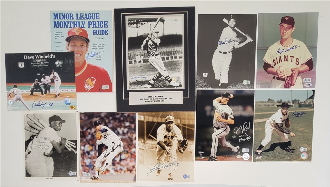 Lot of 10 Baseball Legends Autographed Photos & Magazine w/ Ernie Banks Beckett