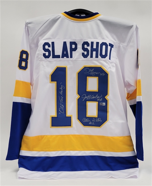 Dave Hanson, Jeff Carlson, & Allan Nicholls Autographed & Inscribed Custom "Slap Shot" Hockey Jersey Beckett