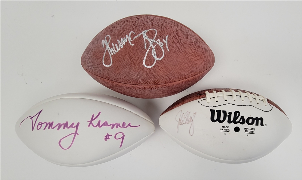 Lot of 3 John Elway, Thurman Thomas, & Tommy Kramer Autographed Footballs