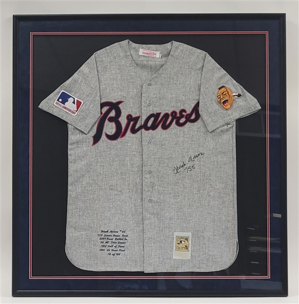 Hank Aaron Autographed "755" Framed Atlanta Braves Mitchell & Ness Flannel Jersey LE #14/44