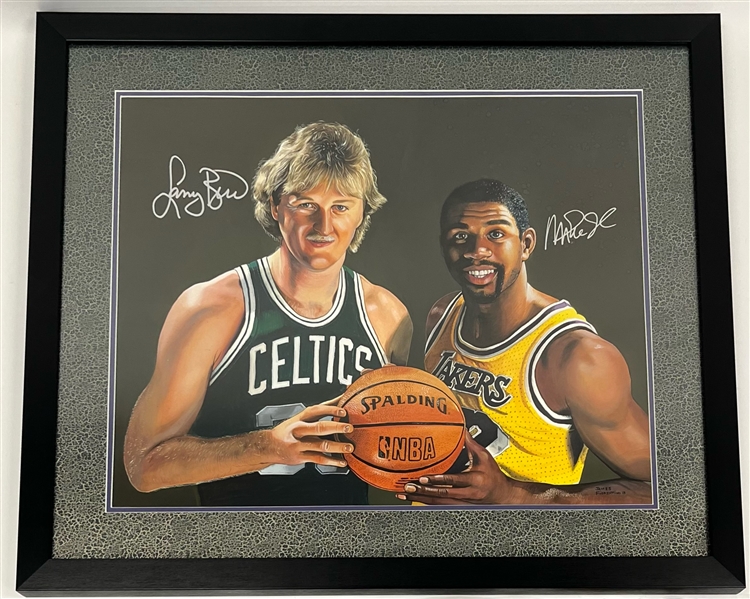 Larry Bird & Magic Johnson Dual Autographed Original 21x25 James Fiorentino Watercolor Painting Framed 29x33