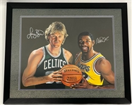 Larry Bird & Magic Johnson Dual Autographed Original 21x25 James Fiorentino Watercolor Painting Framed 29x33