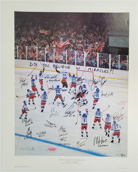 Team USA 1980 Miracle Hockey Team Autographed & Hometown Inscribed 32x26 Lithograph w/ Herb Brooks LE #9/10 Beckett LOA