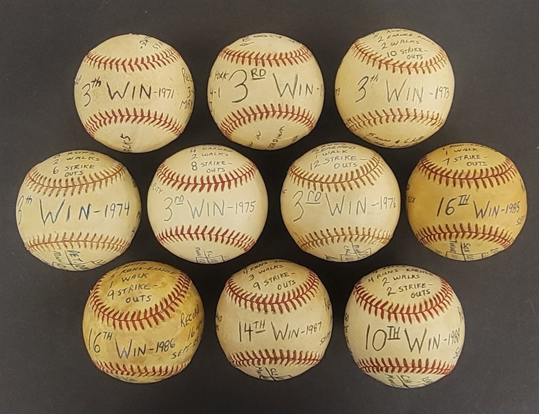 Bert Blyleven Lot of (10) Win 1971-76, 85-88 Minnesota Twins Game Used Stat Baseballs w/ Blyleven Signed Letter of Provenance