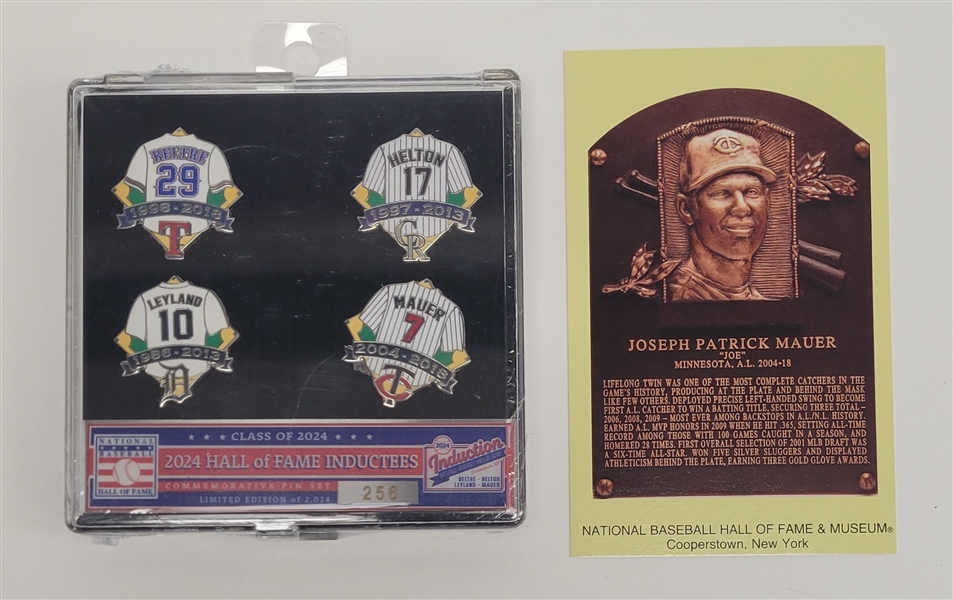 2024 National Baseball Hall of Fame Inductees Pin Set #256/2024 & Joe Mauer Hall of Fame Plaque Postcard