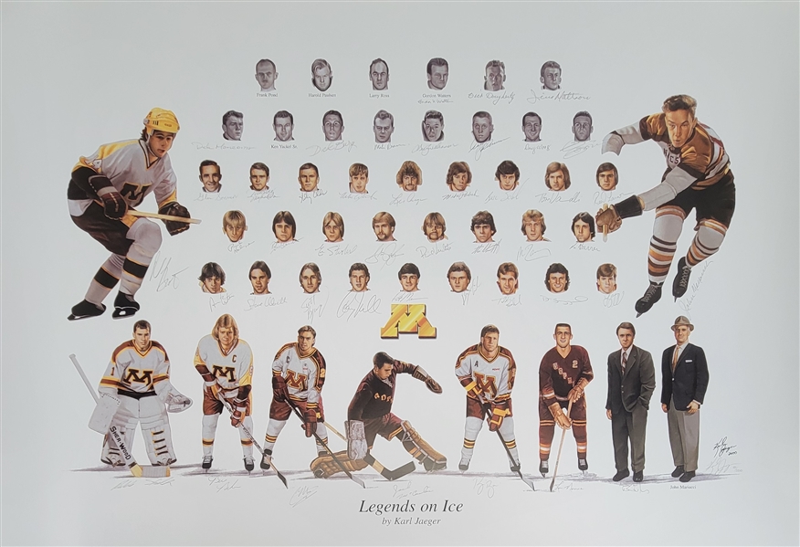 Minnesota Gophers Autographed 27.5x39 Hockey Lithograph Signed by 45 of 50 All-Time Gophers w/ Herb Brooks LE #49/250 Beckett LOA