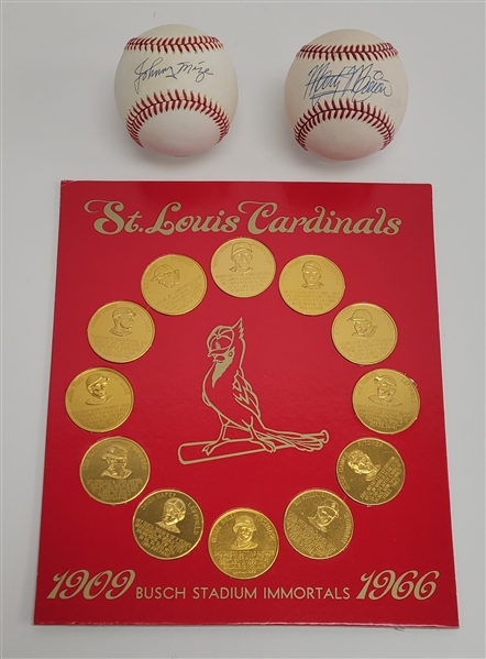 St. Louis Cardinals 1909-1966 Busch Stadium Immortals Coin Set + Johnny Mize & Marty Marion Autographed Baseballs