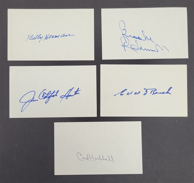 Lot of 5 Brooks Robinson, Catfish Hunter, Edd Roush, Carl Hubbell, & Billy Herman Autographed Index Cards Beckett