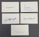 Lot of 5 Brooks Robinson, Catfish Hunter, Edd Roush, Carl Hubbell, & Billy Herman Autographed Index Cards Beckett