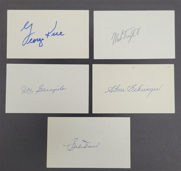 Lot of 5 Joe Garagiola, Charlie Gehringer, Bobby Doerr, Mark Fidrych, & George Kell Autographed Index Cards Beckett